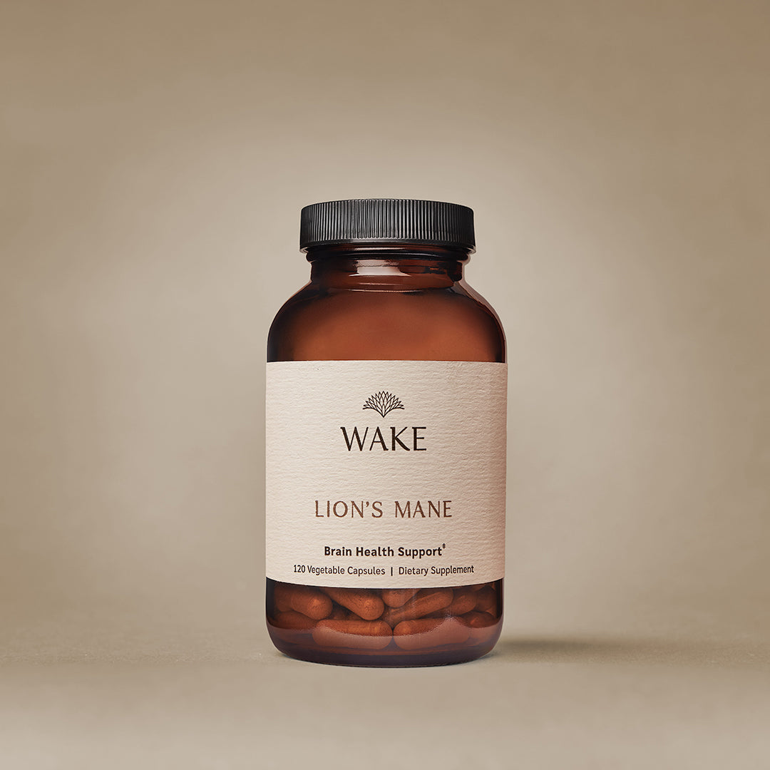 Wake Organic Lion's Mane 120 Vegetable Capsules amber apothecary bottle front label
